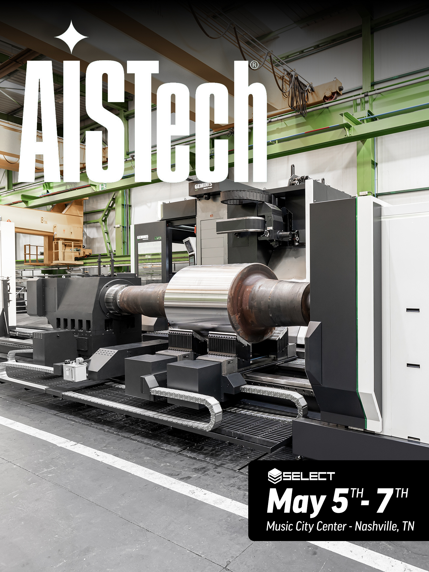 Geminis Multiprocess Lathe machining a Steel Roll Die at AISTech 2025 in Nashville, TN