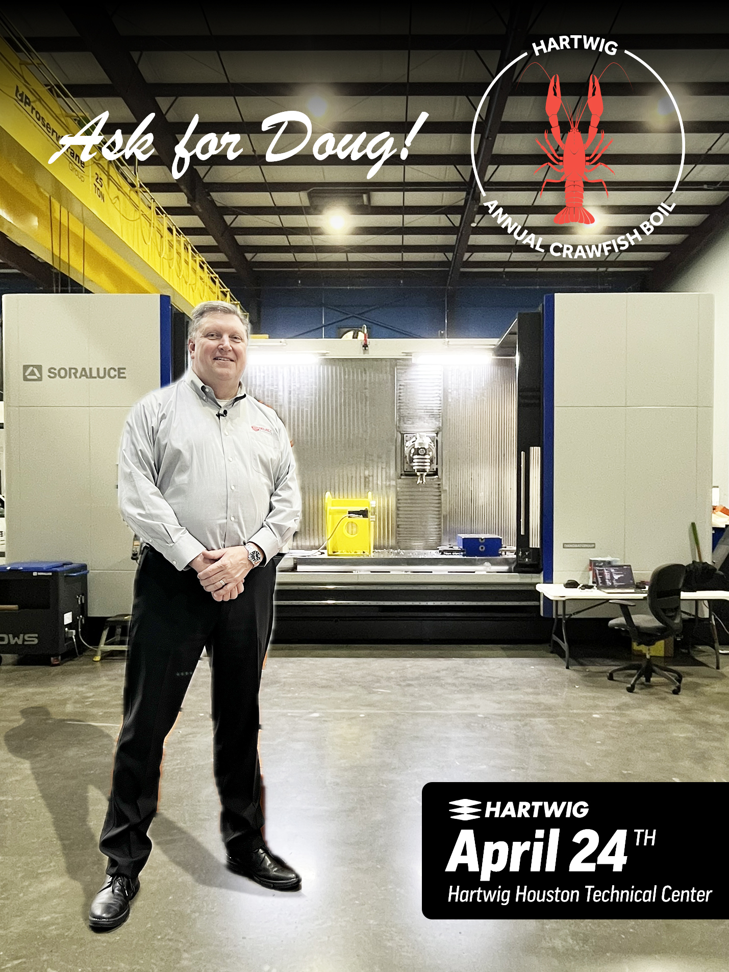 Doug Schulte of Select at Hartwig's Crawfish Boil to demonstrate the Soraluce 6-axis Machining Center